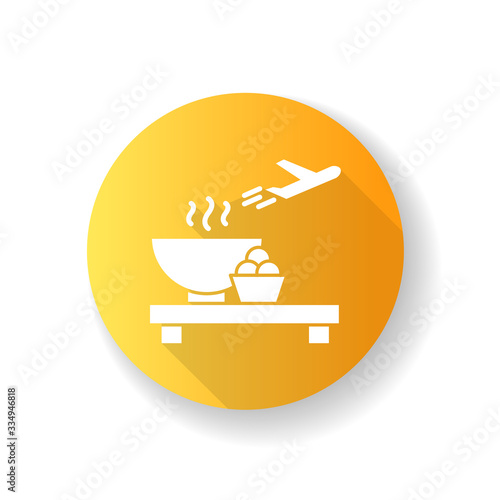 Airport restaurant yellow flat design long shadow glyph icon. Serving food in aircraft terminal cafe. Eat at cantine before airplane flight. Launch for passenger. Silhouette RGB color illustration