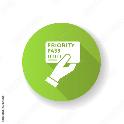 Priority pass green flat design long shadow glyph icon. Boarding ticket for airplane flight. VIP document for passenger service. Club card to prove membership. Silhouette RGB color illustration