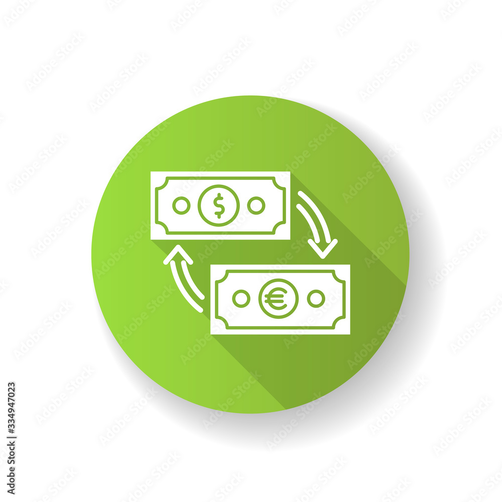 Fototapeta premium Money exchange green flat design long shadow glyph icon. Change dollar banknote for euro. Cash payment. Finance management. Bank services. Budget planning. Silhouette RGB color illustration