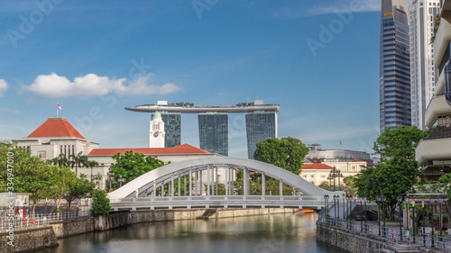 Canvas Print Skyline of Singapore financial district behind Elgin Bridge and the Singapore Ri