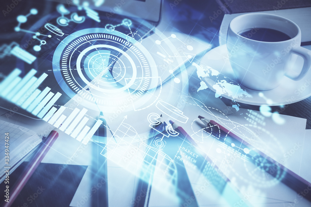 Double exposure of business theme icons and work space with computer background. Concept of success. Double exposure of business theme icons and work space with computer background. Concept of success.
