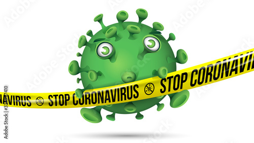 Green virus behind stretched yellow barrier tape with imprint - Stop Coronavirus