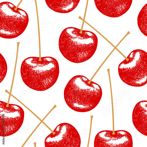 Seamless pattern of bright red exquisite cherries