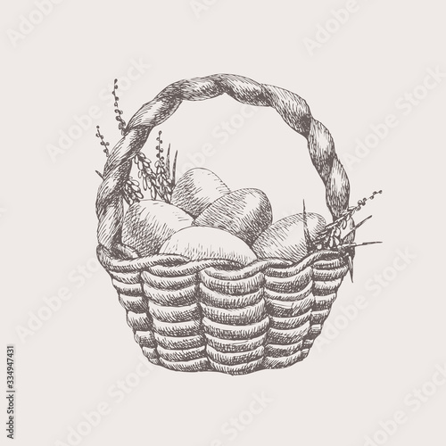 Hand-drawn holiday basket with eggs and primroses on a light background. Happy Easter. Symbol of the spring religious holiday. Vintage vector illustration.