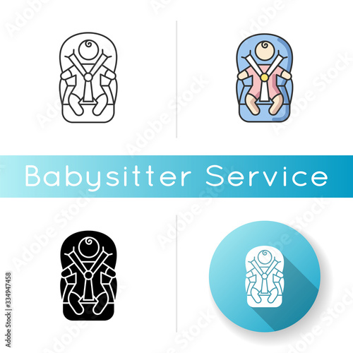 Child transportation icon. Baby in carseat. Drive infant child safely. Comfortable and secure seat for newborn kid. Linear black and RGB color styles. Isolated vector illustrations