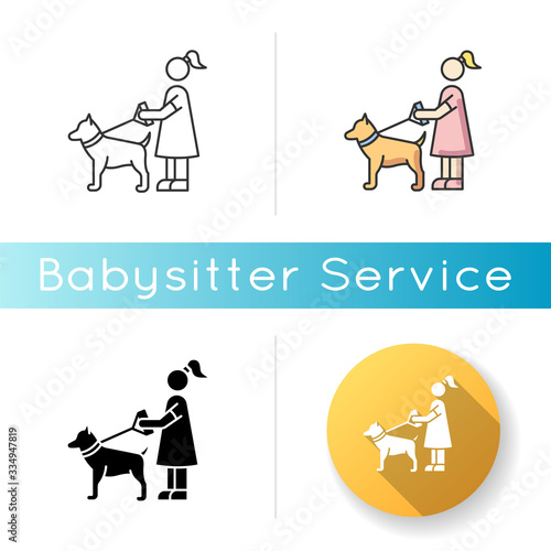 Pet sitting icon. Woman with dog on leash. Pet owner. Obedient domestic animal. Trainer service. Girl walk outdoor. Linear black and RGB color styles. Isolated vector illustrations