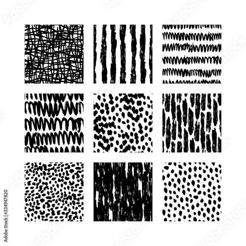 Set of monochrome, black seamless textures, patterns, backgrounds. Simple brush lines, stripes, strokes, hatches, dots