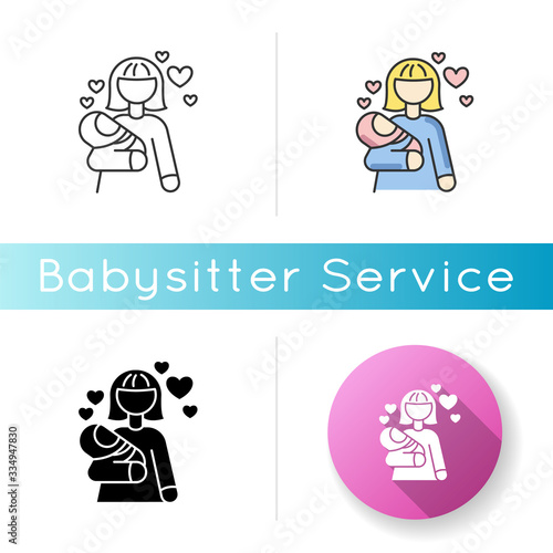 Babylover icon. Parenthood and motherhood. Woman for babysitting. Mother with son. Mom with daughter. Nurturing parent. Linear black and RGB color styles. Isolated vector illustrations