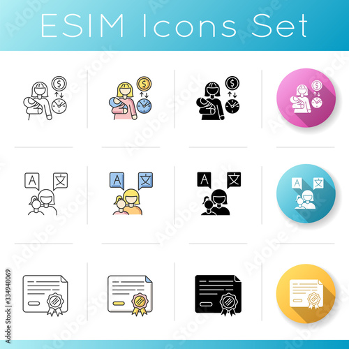 Babysitting services icons set. Income from babysitting services. Earn money for child care. Mother teaching toddler to speak. Linear, black and RGB color styles. Isolated vector illustrations