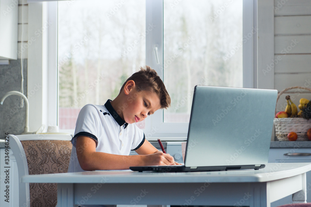 Boy pupil writing notebook doing homework, distance education