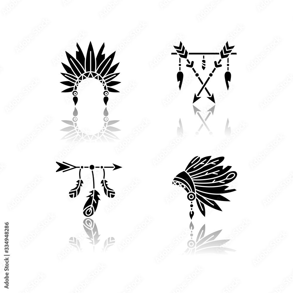Native american indian hat and amulet drop shadow black glyph icons set.  Tribe chief headdress with feathers. Boho style charm. Ethnic accessories.  Isolated vector illustrations on white space Stock-Vektorgrafik | Adobe  Stock