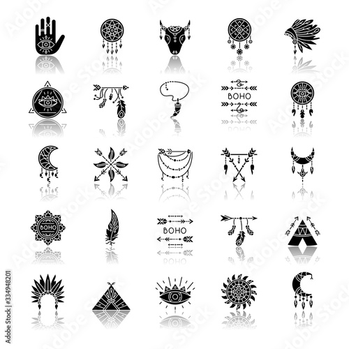 Boho style drop shadow black glyph icons set. Native American Indian amulets. Dreamcatcher ethnic charms. Esoteric symbols. Vintage pendant. Isolated vector illustrations on white space