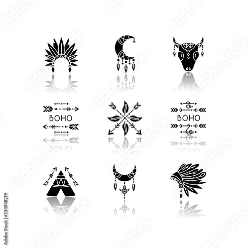 Native american accessories drop shadow black glyph icons set. Tribe chief hat and teepee. Boho dreamcatcher amulets. Moon, arrows and feathers charm. Isolated vector illustrations on white space