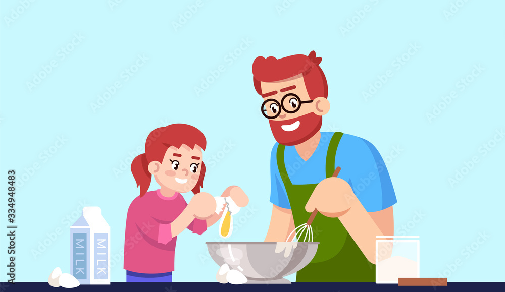 Cooking daddy and daughter, people making pastry semi flat RGB color vector illustration. Parent and child mixing dough ingredients, smiling family isolated cartoon characters on blue background Cooking daddy and daughter, people making pastry semi flat RGB color vector illustration. Parent and child mixing dough ingredients, smiling family isolated cartoon characters on blue background