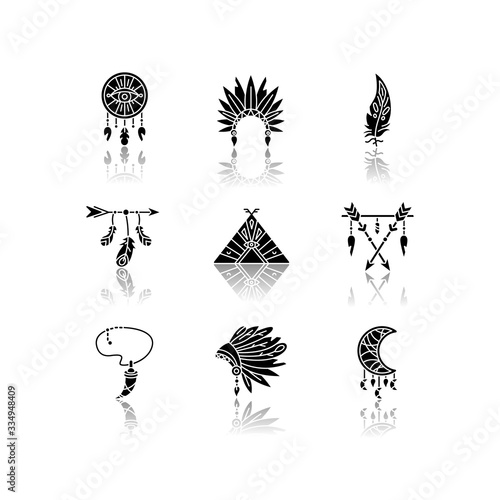 Native american indian accessories drop shadow black glyph icons set. Tribe chief hat and teepee. Necklace with tooth, arrow with feathers. Isolated vector illustrations on white space