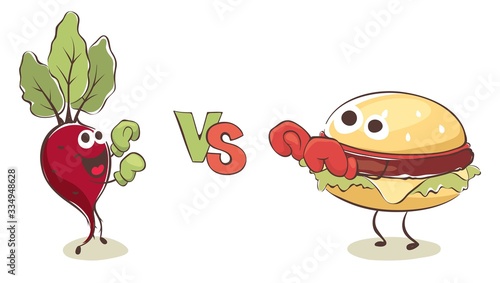 Healthy Food vs. Fast Food. Hamburger in boxing gloves fights against beets in boxing gloves, funny vector illustrations.