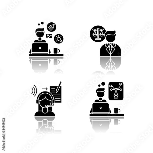 Distant workers drop shadow black glyph icons set. Creative and graphic design, transcription and legal service. Lawyer and designer, translator. Isolated vector illustrations on white space