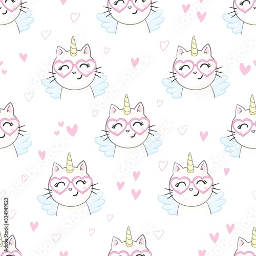 Wallpaper Mural Cute seamless pattern with white cat in a unicorn costume with wings and rainbow horn. It can be used for packaging, wrapping paper, textile and etc. Torontodigital.ca