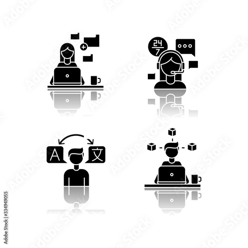 Freelance professions, data entry jobs drop shadow black glyph icons set. Interpretation, 3D modelling and customer service. Converting image to text. Isolated vector illustrations on white space