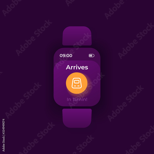 Trip notice smartwatch interface vector template. Railway transportation mobile app notification night mode design. Train arrival reminder message screen. Flat UI for application. Smart watch display