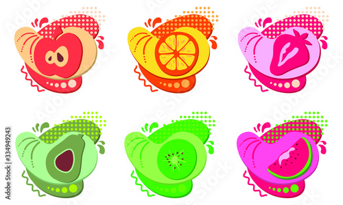 Set of stickers and badges of healthy and organic food. Vector illustration.