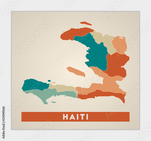 Haiti poster. Map of the country with colorful regions. Shape of Haiti with country name. Captivating vector illustration.