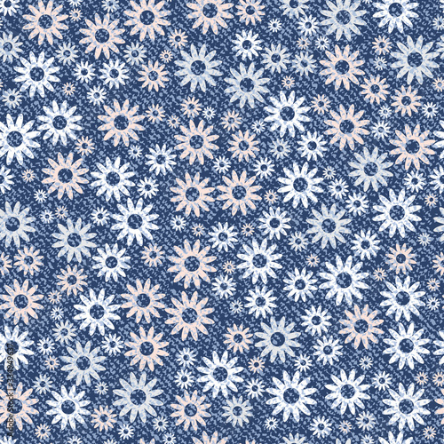 Vector Daisies. Denim floral background. Jeans background with flowers. Denim seamless pattern. Blue jeans cloth.