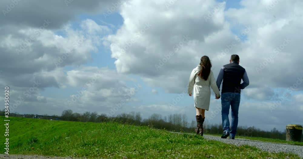 man and woman are holding hands and walking on nature in spring day, back view man and woman are holding hands and walking on nature in spring day, back view