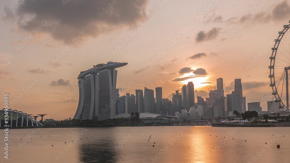 Sunset over the downtown skyline of Singapore as viewed from across the water from The Garden East timelapse. Singapore.