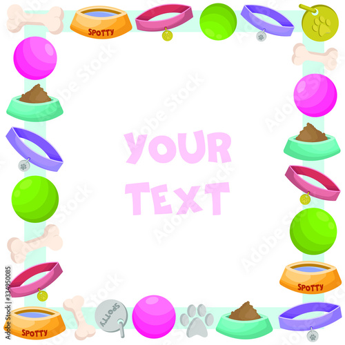 Pet Shop frame; dog stuff square border; cute vector illustration, set of pet shop supplies.