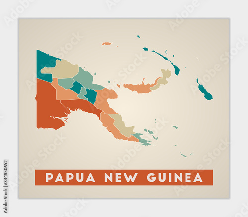 Papua New Guinea poster. Map of the country with colorful regions. Shape of Papua New Guinea with country name. Superb vector illustration.