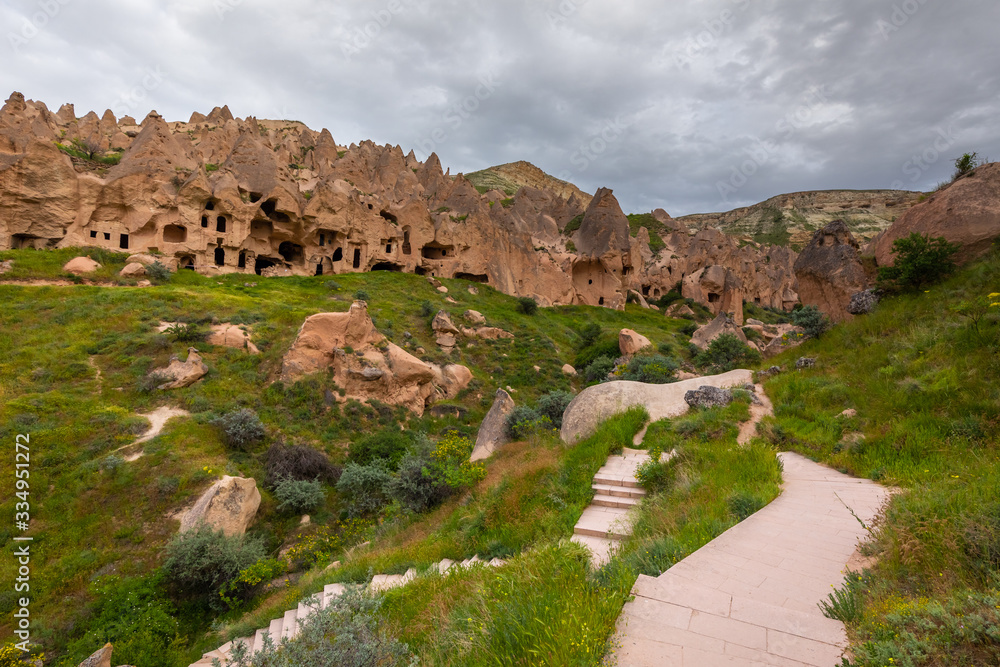 The abandoned rock carved village of Zelve, Zelve open air museum, Cappadocia, Turkey