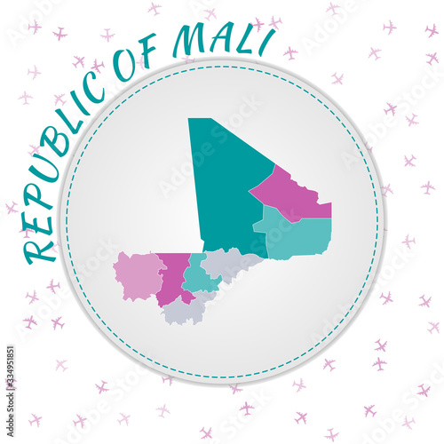 Mali map design. Map of the country with regions in emerald-amethyst color palette. Rounded travel to Mali poster with country name and airplanes background. Trendy vector illustration.