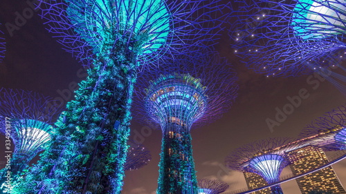 Futuristic view of amazing illumination at Garden by the Bay night timelapse hyperlapse in Singapore.