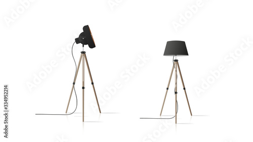 A set of lamps in the loft style. Wooden tripod, black lampshade. Element for the design of an apartment, room, bedroom. Isolated on a white background. Vector.