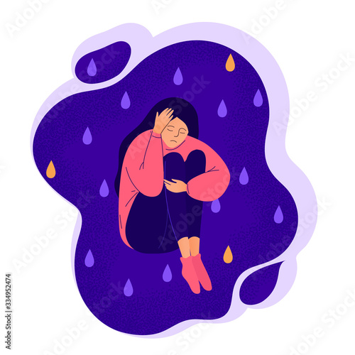 Depressed, unhappy or upset girl. Miserable lonely young woman sitting on floor.Female character in trouble, depression, sorrow, sadness. Mental disorder or illness. Flat cartoon vector illustration.