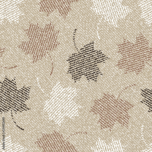 Jeans background with maple leaves. Camouflage Vector Denim seamless pattern. Gray jeans cloth.