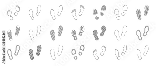 Flat linear design. Different human footprints. Black silhouettes isolated on white background. Vector illustration