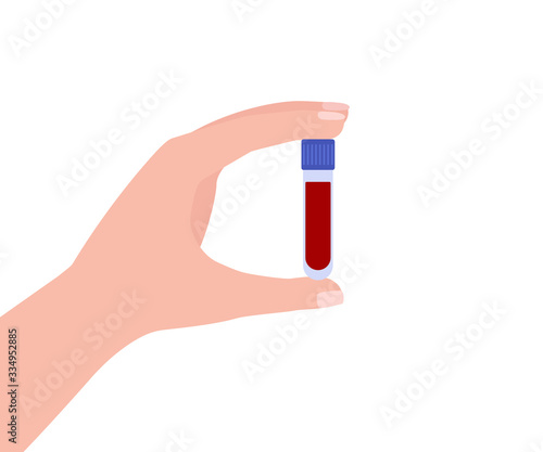 Test tube with blood in the hand. Virus analysis. Vector illustration