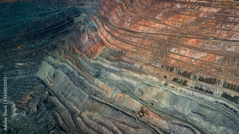 Naklejka premium Aerial view of the Iron ore mining, Panorama of an open-cast mine extracting