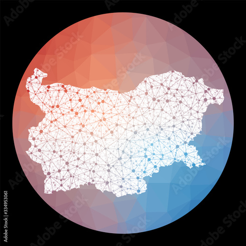 Vector network Bulgaria map. Map of the country with low poly background. Rounded Bulgaria illustration in technology, internet, network, telecommunication concept style. Amazing vector illustration.