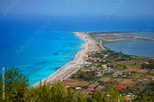 beautiful view of the beach and the blue Mediterranean Sea. view from the mountain. Lefkada  Greece
