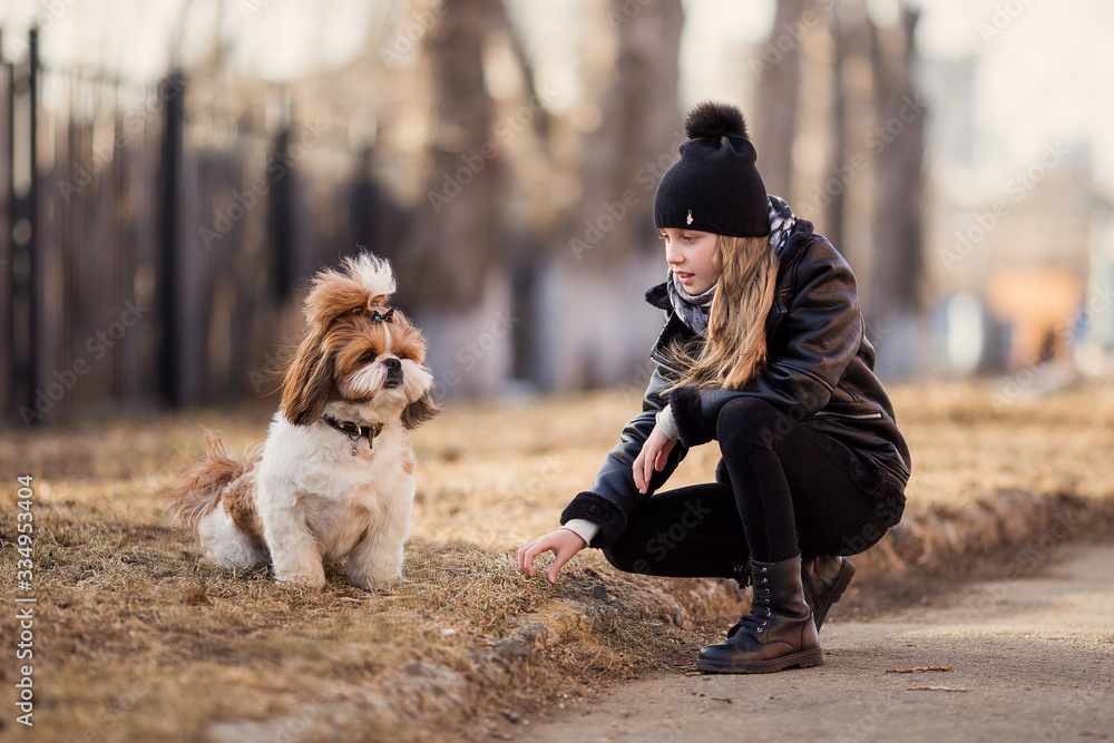Cute little girl in a black coat with a dog walk in the park. A child is training a dog. Obedience training. Children and animals. Faithful friends of man. Leisure with your pet