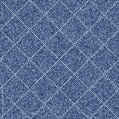 Grid faded denim texture Vector background. Checkered frayed Jeans fabric seamless pattern