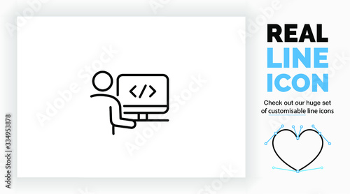 Editable real line icon of a stick figure frontend developer on his computer coding an app or website in modern black lines on a clean white background