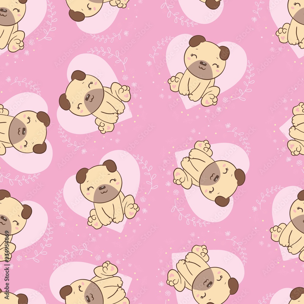 Vector illustration. Seamless vector pattern with pugs.