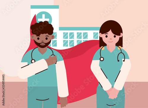 doctor hero, physicians female and male professional with capes hospital