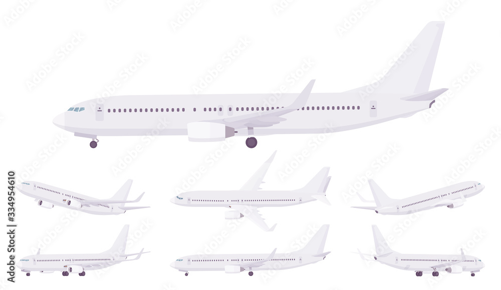 Passenger plane template set, airline aircraft carrying passengers. Airport business vehicle, sky travel jet and holiday aviation tourism. Vector flat style cartoon illustration, different mockup view