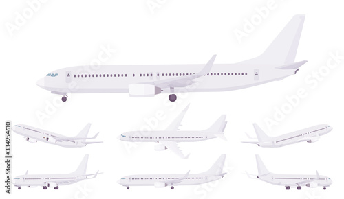 Passenger plane template set, airline aircraft carrying passengers. Airport business vehicle, sky travel jet and holiday aviation tourism. Vector flat style cartoon illustration, different mockup view