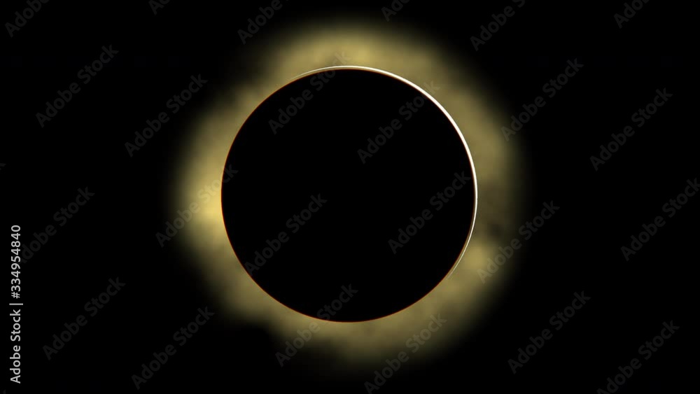 Motion graphic: total solar eclipse of the sun, dark silhouette of moon